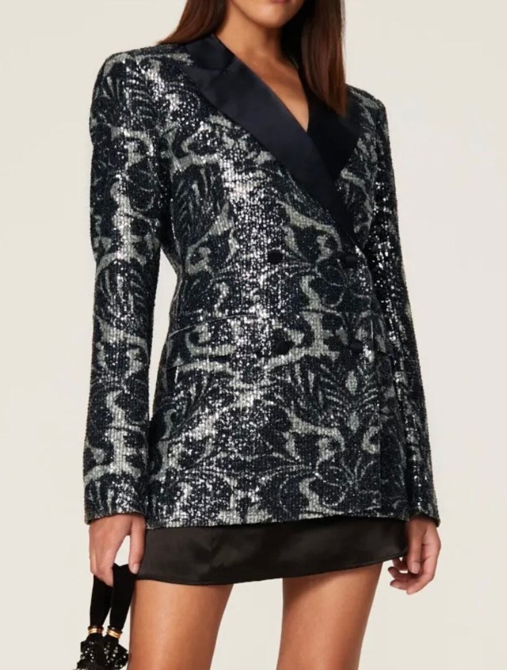 ROTATE Birger Christensen Blazer Black & Silver Sequin Satin Lapel size 0